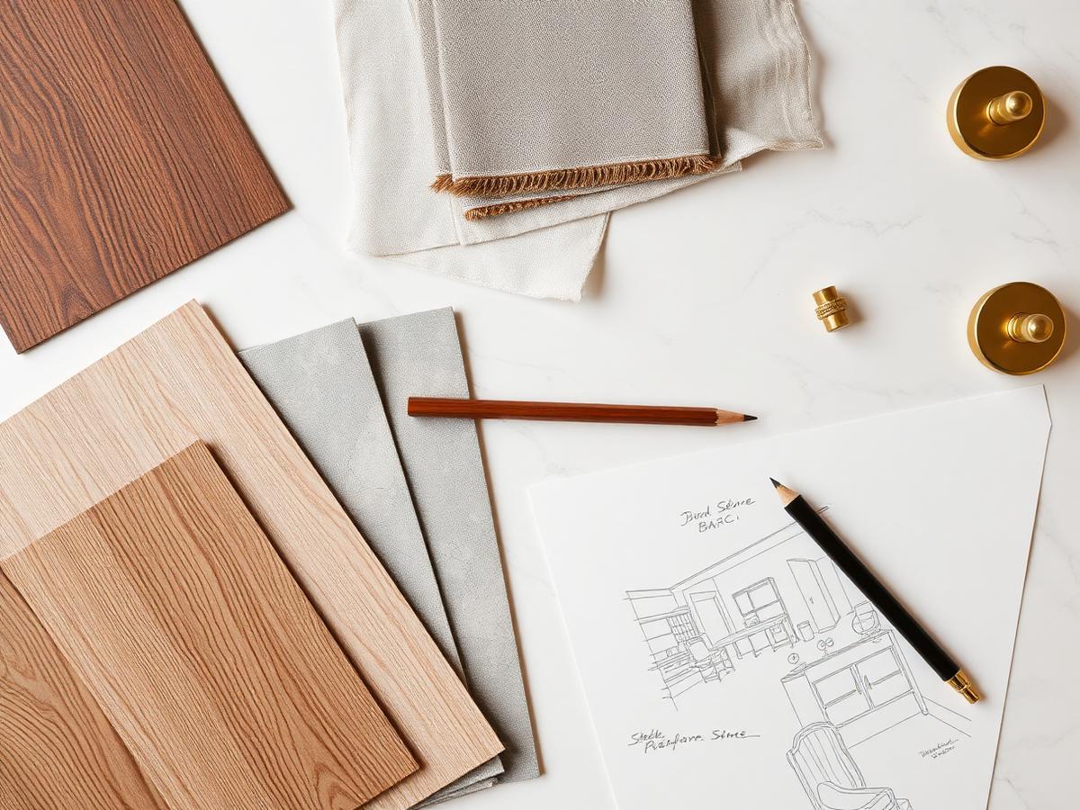 Wood veneers, linen swatches and brass hardware laid out on a design table